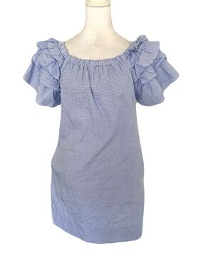Sara Campbell XS Blue & White Gingham Plaid Mini Dress Ruffle Puff Sleeves